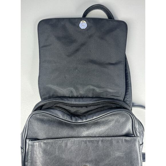 Tignanello Leather Backpack Black Bag Flap Over Zip Shoulder Straps Travel Purse - Picture 4 of 16